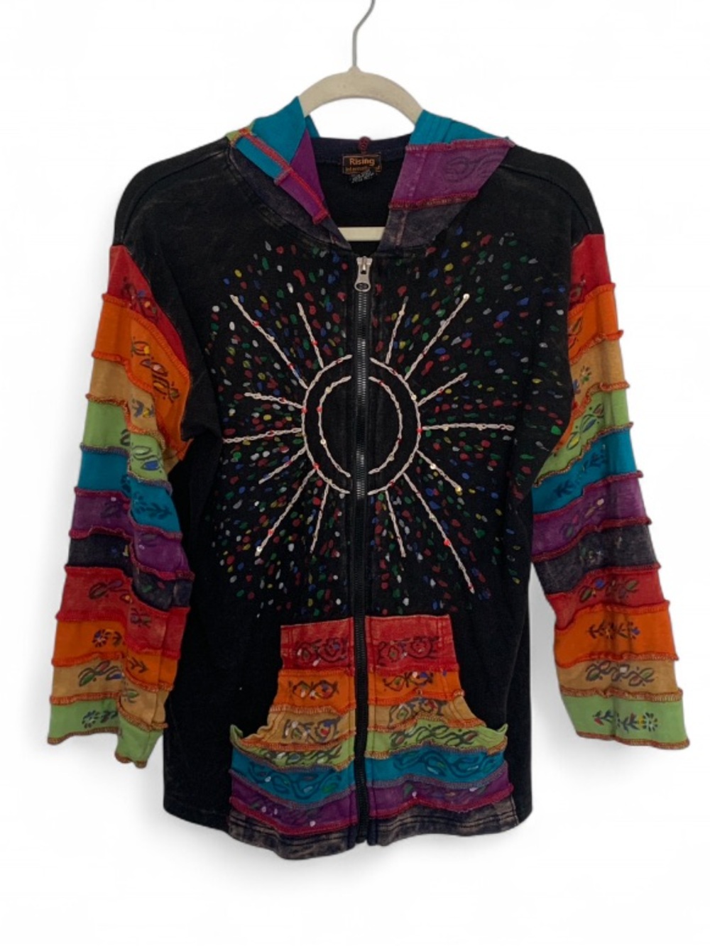 Rising International Boho Black Rainbow Sunburst Zip Hoodie